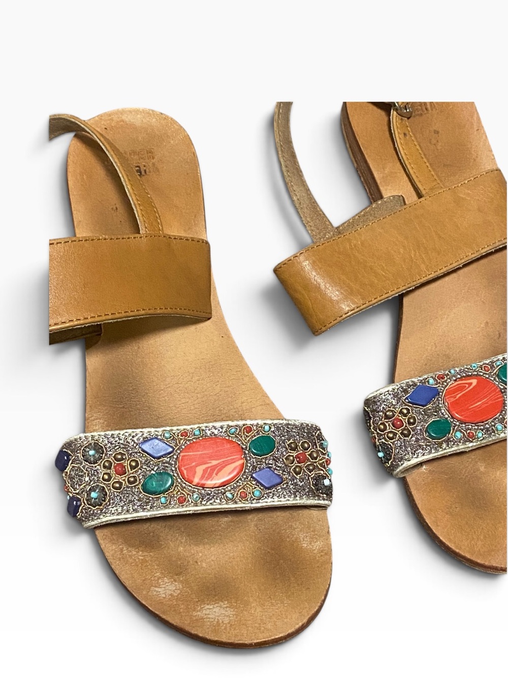 Anthropologie Jasper & Jeera  Tan Embellished Jewel Strap Sandals 39